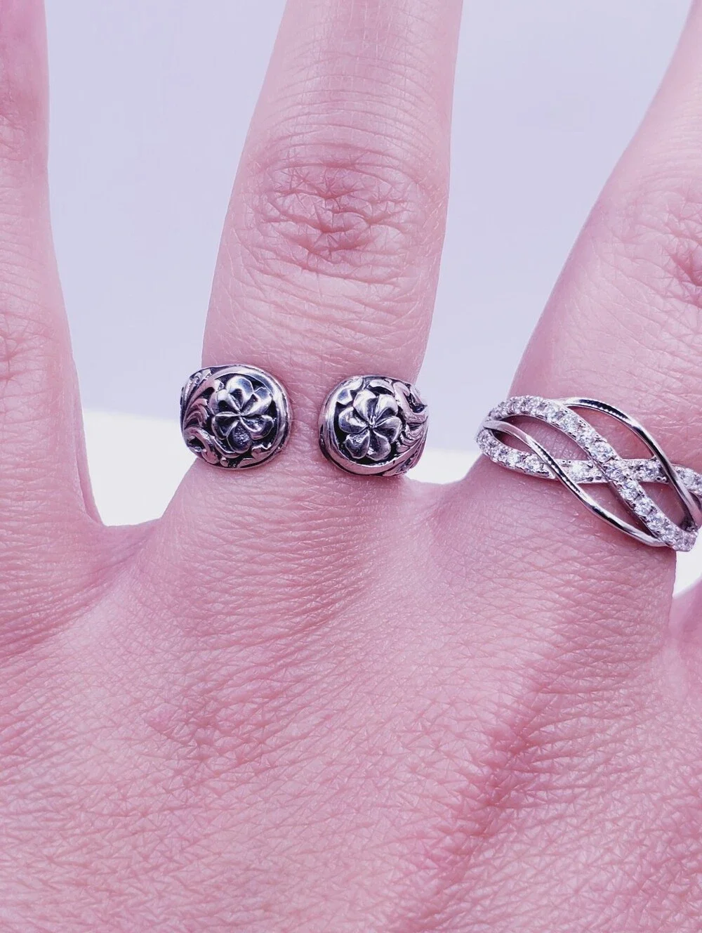 925 Sterling Silver Double Flower Open Ring